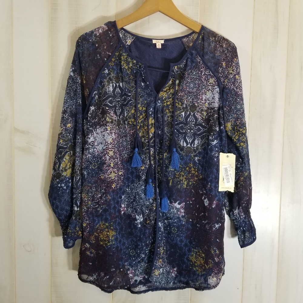 NEW Reba Navy Blue Peasant Boho Top Med Tassels